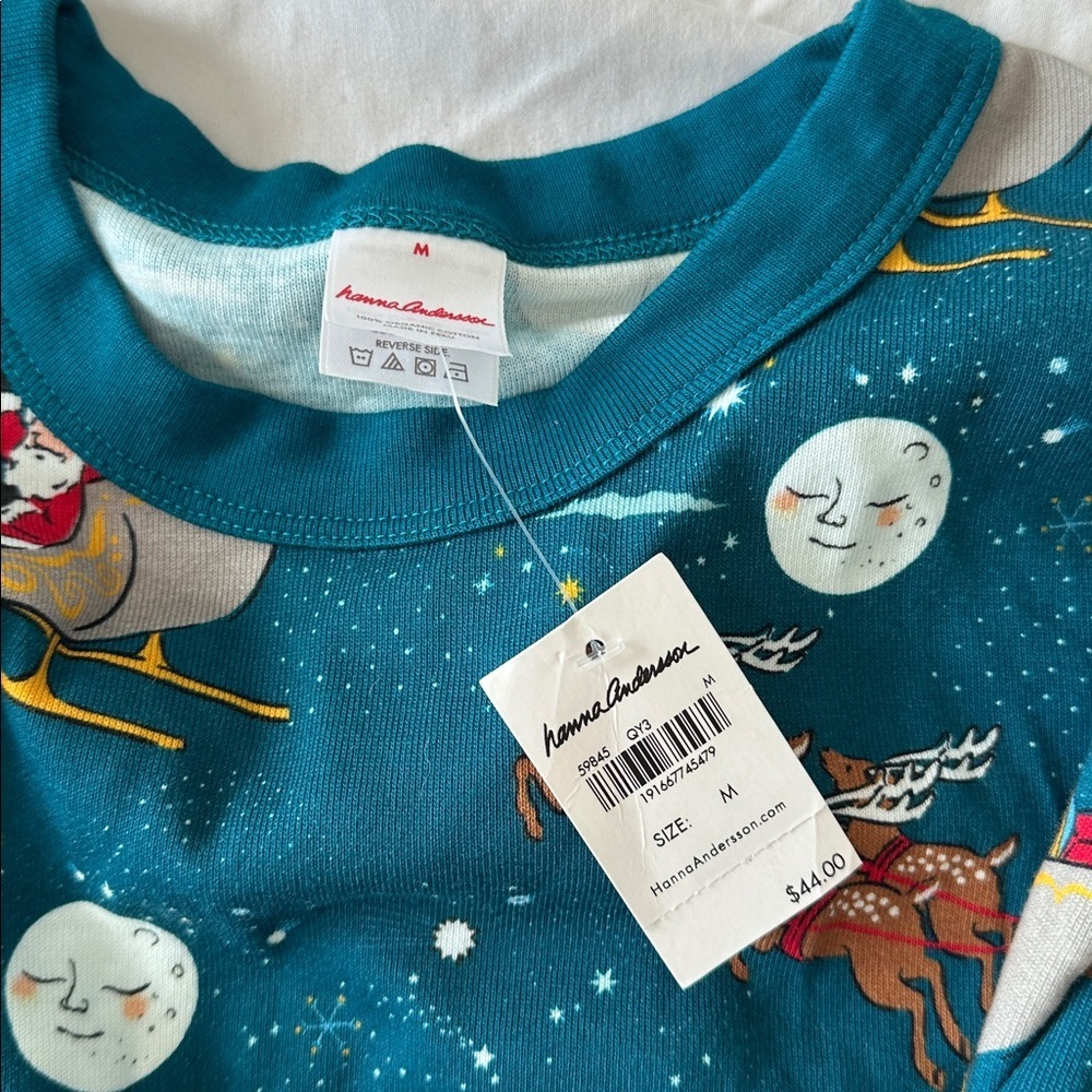 NWT Hanna Andersson Teal Santa Sleigh Christmas Pajama Set size M Organic cotton - Picture 6 of 6